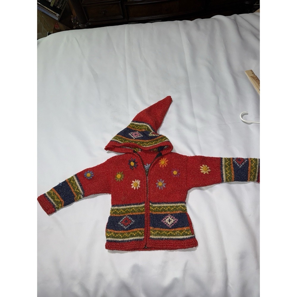 Child's Otavalo hoodie Hand Made Wool & Cotton Full Zipper Sweater with Flowers